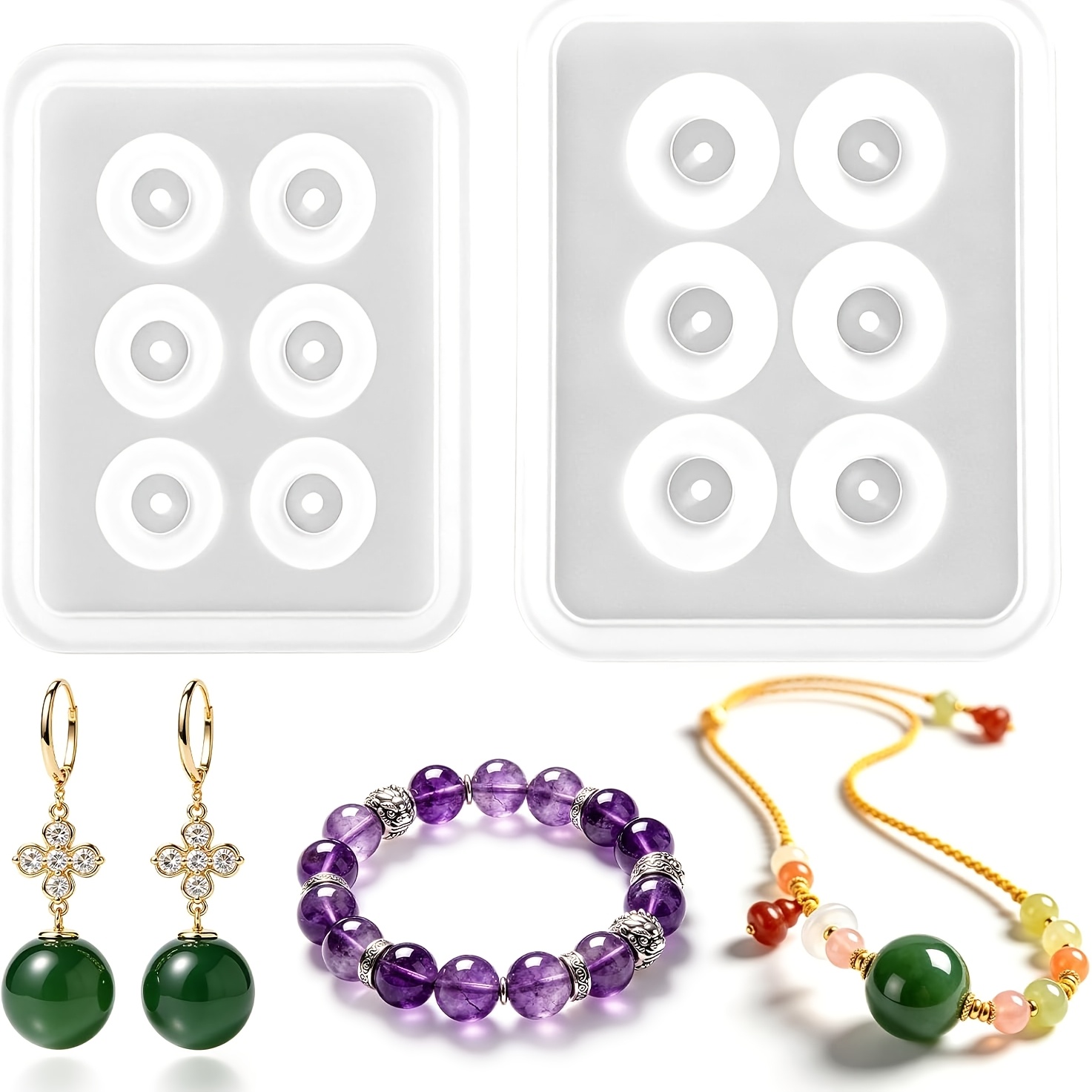 Resin Mold Jewelry - 2つの穴あき球形シリコンビーズ型、円形エポキシ樹脂型、ジュエリーや宝石のDIYプロジェクトに最適