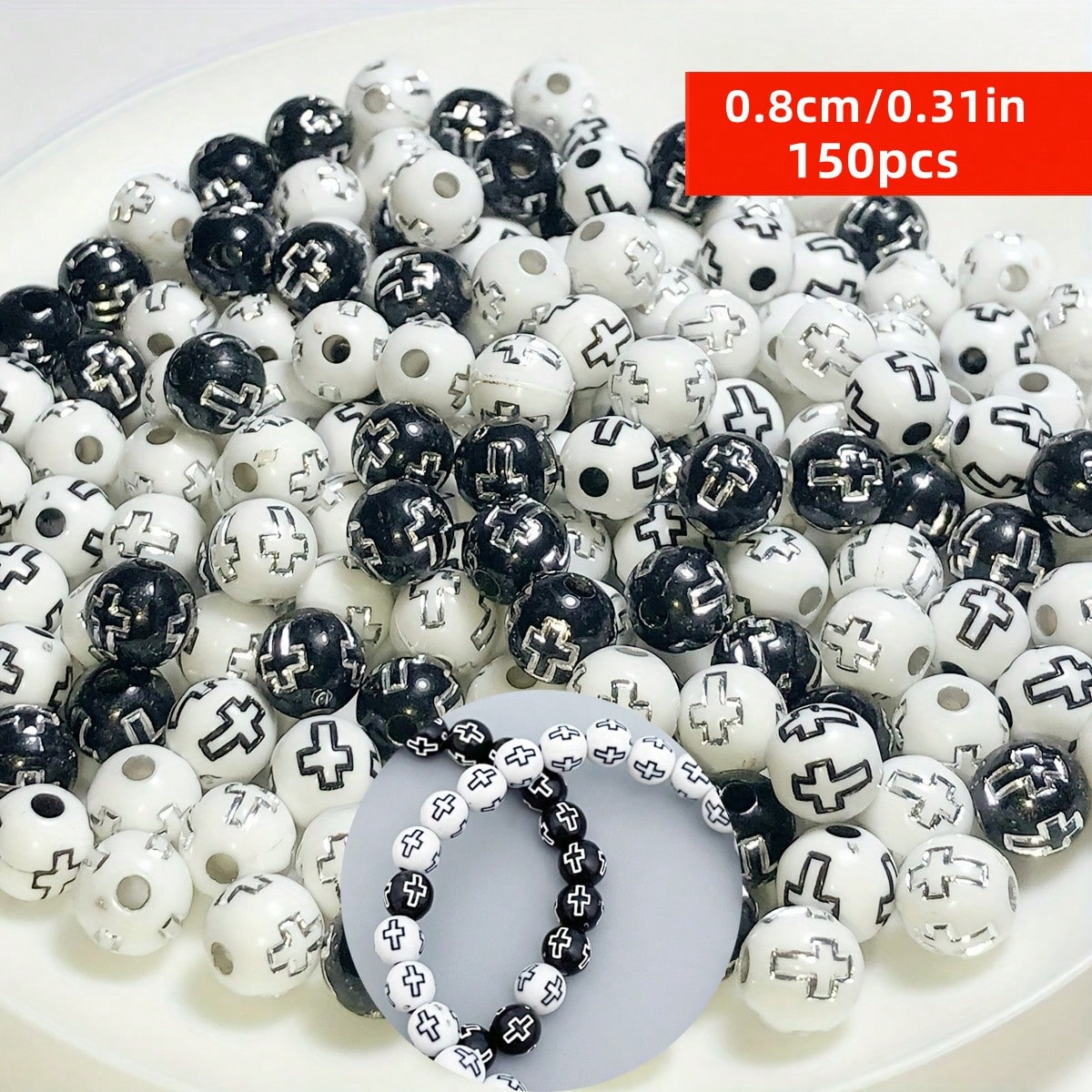 Jewelry Making Business - 8mm 150個入り 黒と白のクロスビーズ ジュエリー作り用 - DIYブレスレット、ネックレス、手工芸品