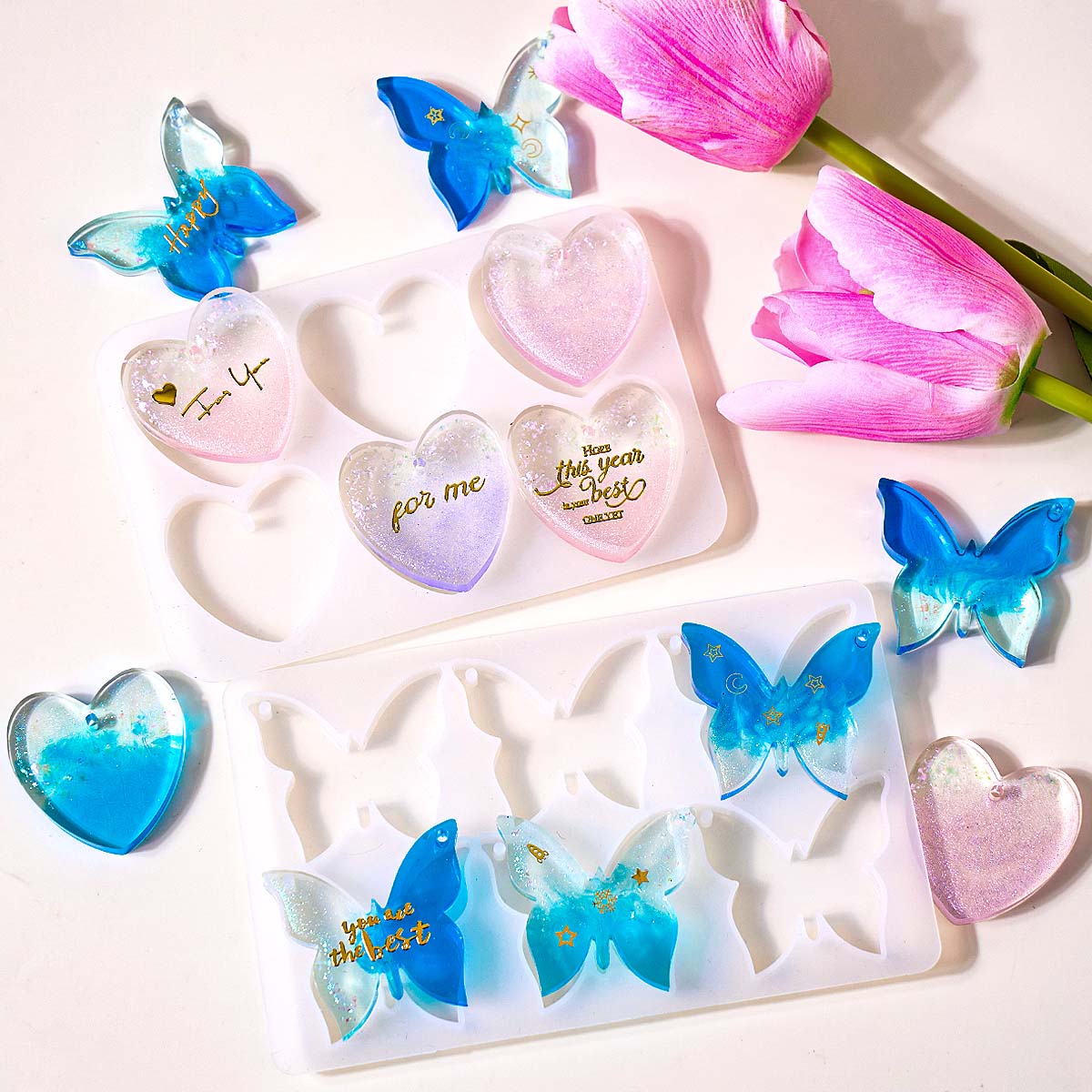 Resin Mold Jewelry - 6穴付きイヤリングシリコンモールドDIYハート蝶形エポキシ樹脂モールドペンダントキーホルダージュエリークラフト製作