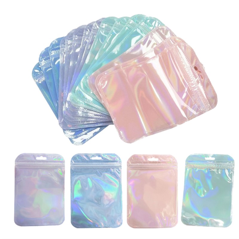 Jewelry Making Business - 50 個ホログラフィックレーザー透明プラスチックジッパージュエリーバッグポーチビーズギフト収納中小企業包装用品