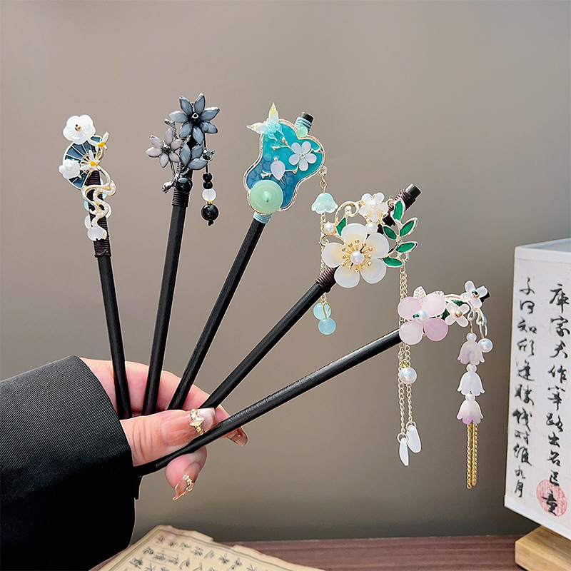 Jewelry Making With Beads - クラシックタッセルヘアスティック黒木製フラワーパールヘアピン中国漢服ヘアアクセサリーレトロ花嫁結婚式ヘアバンジュエリー