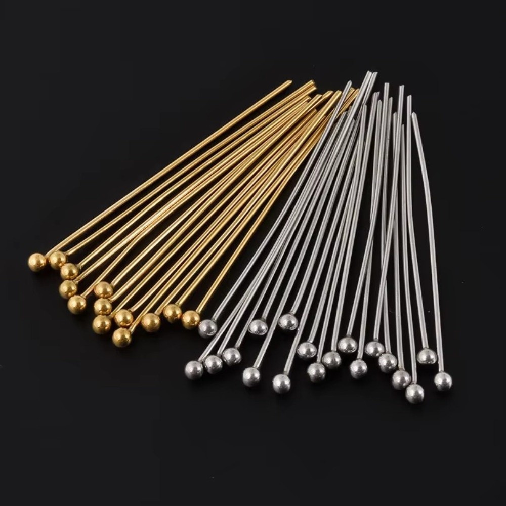 Eyepin Ball End - 真鍮製ジュエリーピン100個セット、金メッキ、0.6mm細線、ビーズ加工用ジュエリーピン、ループエンド、フラットヘッド、ジュエリーボールピン