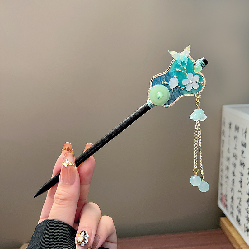 クラシックタッセルヘアスティック黒木製フラワーパールヘアピン - Jewelry Making With Beads のレビューと価格